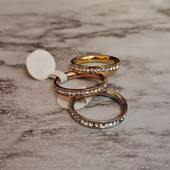 Stainless Steel Ring Set Tricolor 3 Piece‎ Band Yellow Rose White Size 9 NEW - Picture 10 of 11